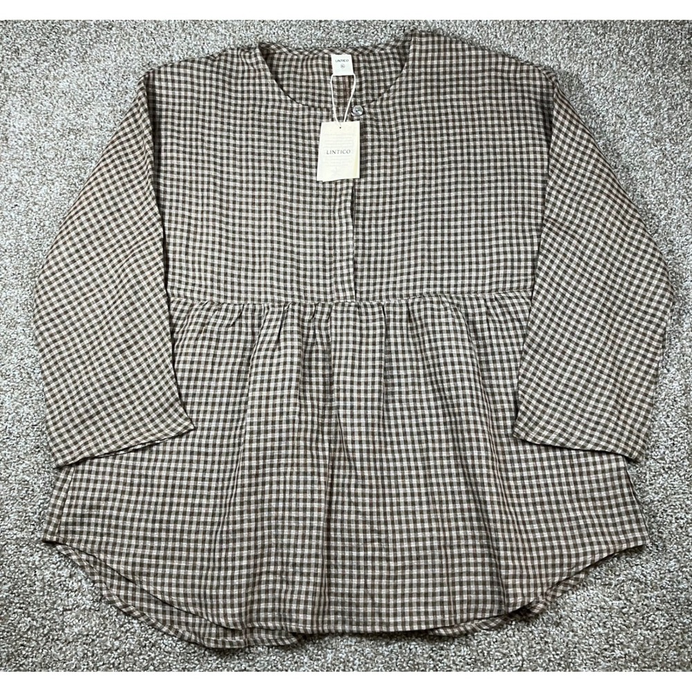 LINTICO Women XL Brown Gingham Linen Cotton Blend Babydoll Tunic Top NWT